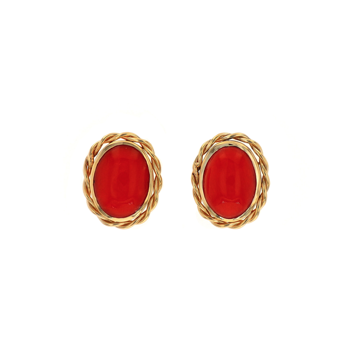 Estate 14K Yellow Gold Oval Coral Cabochon Earrings