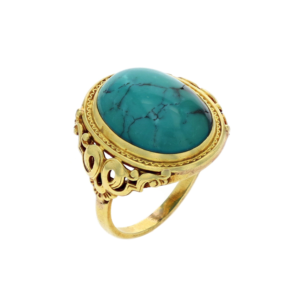 Estate 14K Yellow Gold Turquoise Scroll Ring