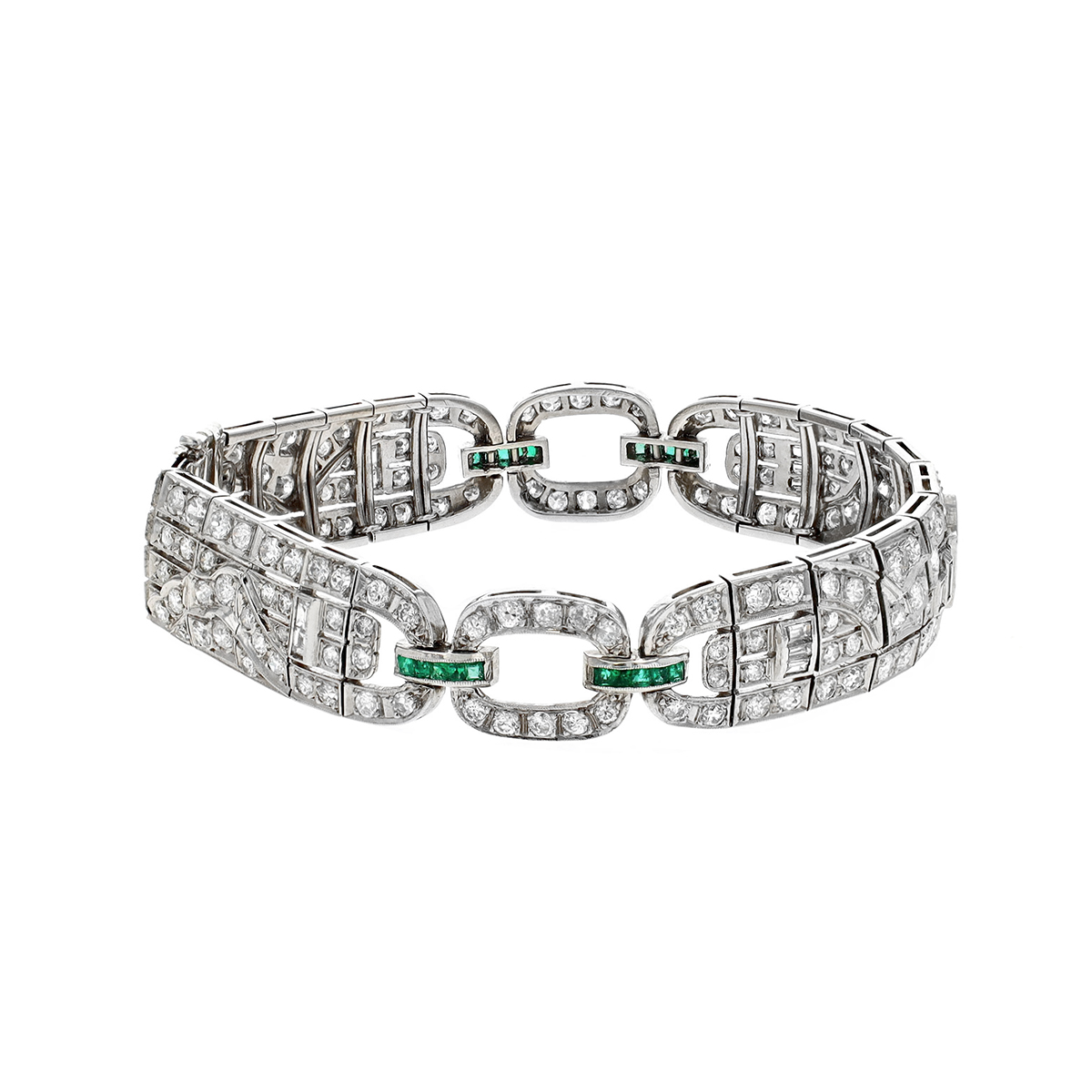 Estate Platinum Diamond and Emerald Bracelet