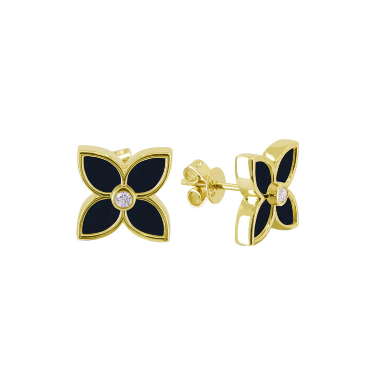 14K Yellow Gold Onyx and Diamond Flower Earrings