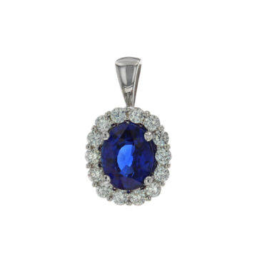14K White Gold Oval Blue Sapphire and Diamond Halo Pendant