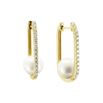14K Yellow Gold Pearl and Diamond Hoop Earrings