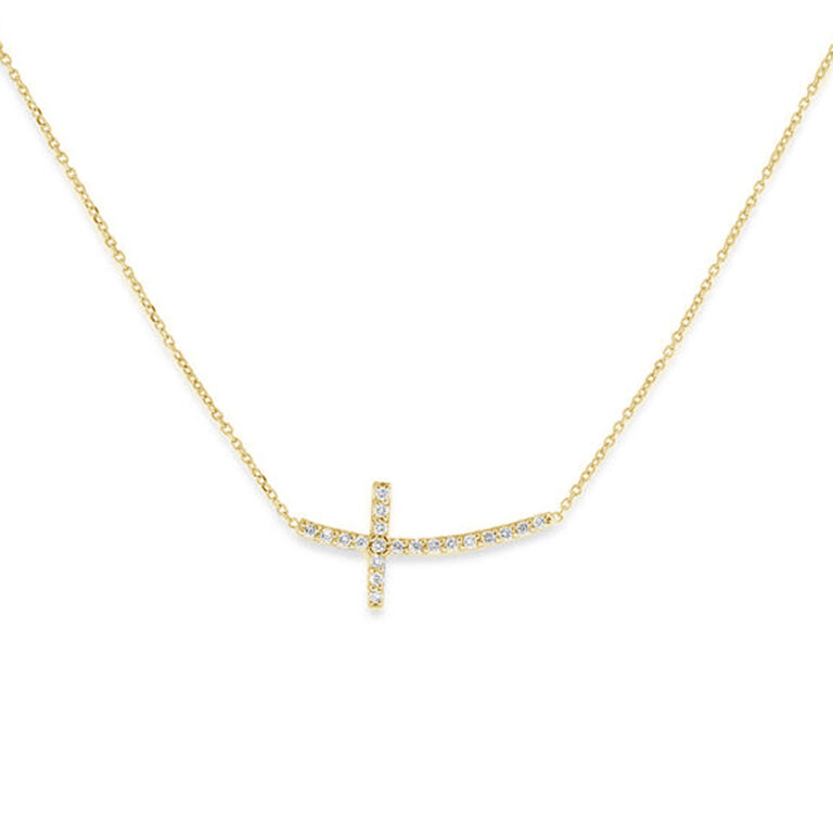 14K Yellow Gold Sideways Diamond Cross Necklace
