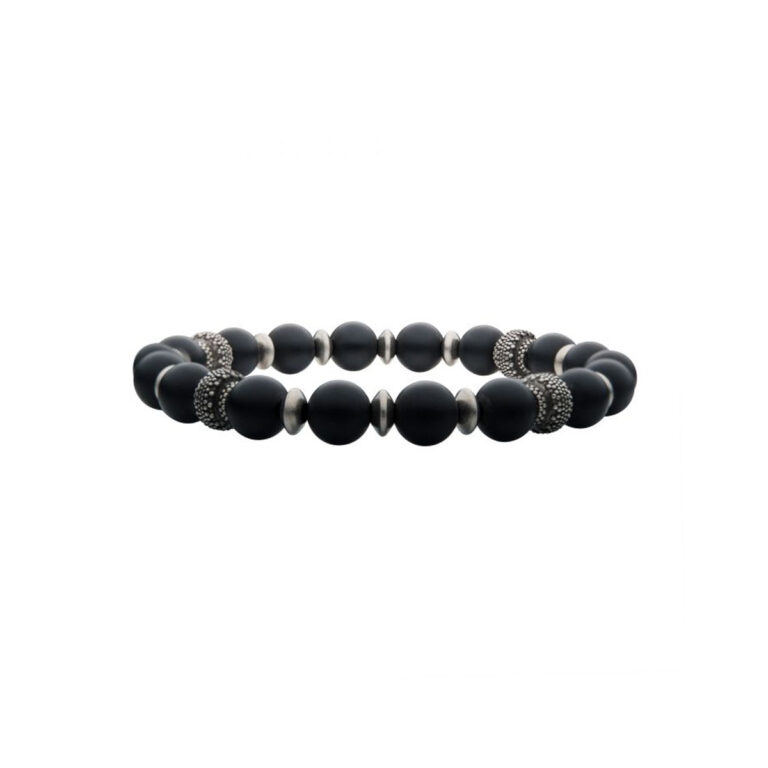 Stainless Steel Matte Agate and Black Oxidized Beaded Bracelet
