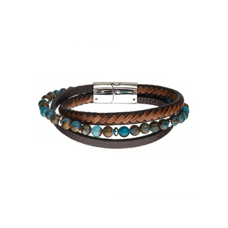 Stainless Steel and Brown Leather Crysocolla Layered Bracelet