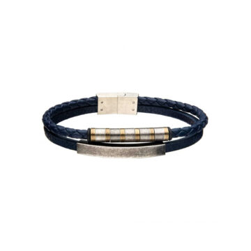 Blue Leather and Stainless Steel Layered Bracelet