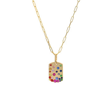 14K Yellow Gold Rainbow Dog Tag Pendant with Paperclip Chain