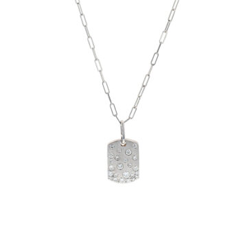 14K White Gold Diamond Dog Tag Pendant with Paperclip Chain