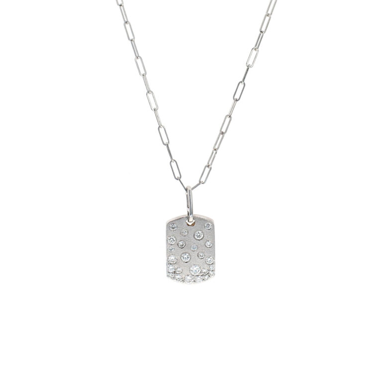 14K White Gold Diamond Dog Tag Pendant with Paperclip Chain