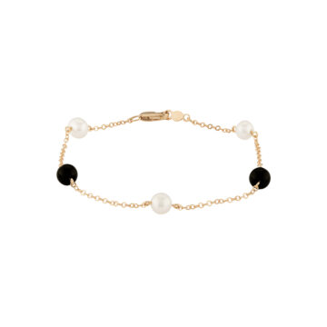 14K Yellow Gold Pearl and Onyx Station Bracelet