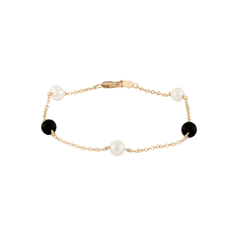 14K Yellow Gold Pearl and Onyx Station Bracelet