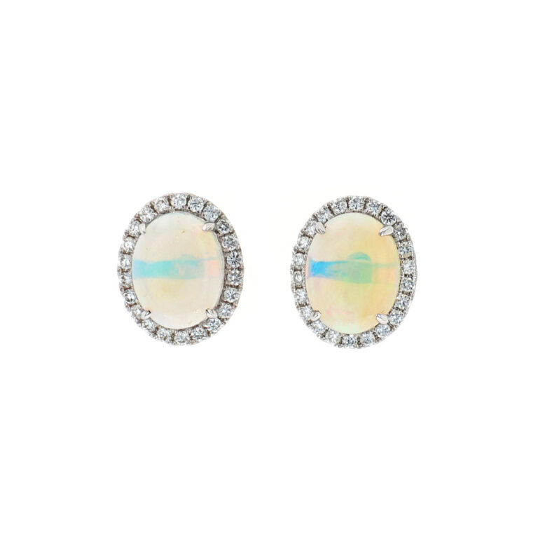 14K White Gold Oval Opal and Diamond Halo Earrings