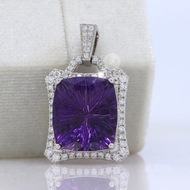 14K White Gold Cushion Starbrite Amethyst and Diamond Pendant