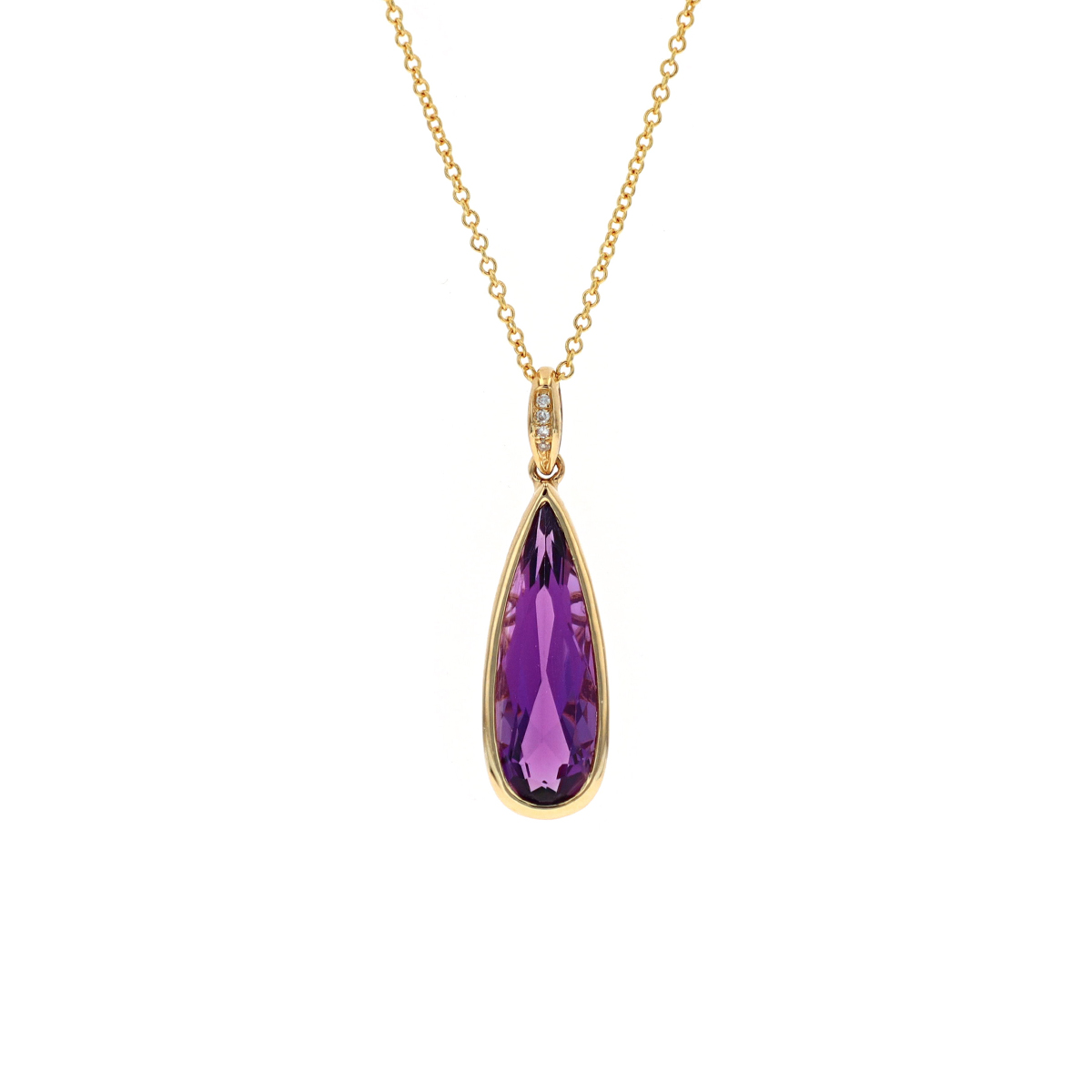 14K Yellow Gold Pear Amethyst and Diamond Pendant with Chain