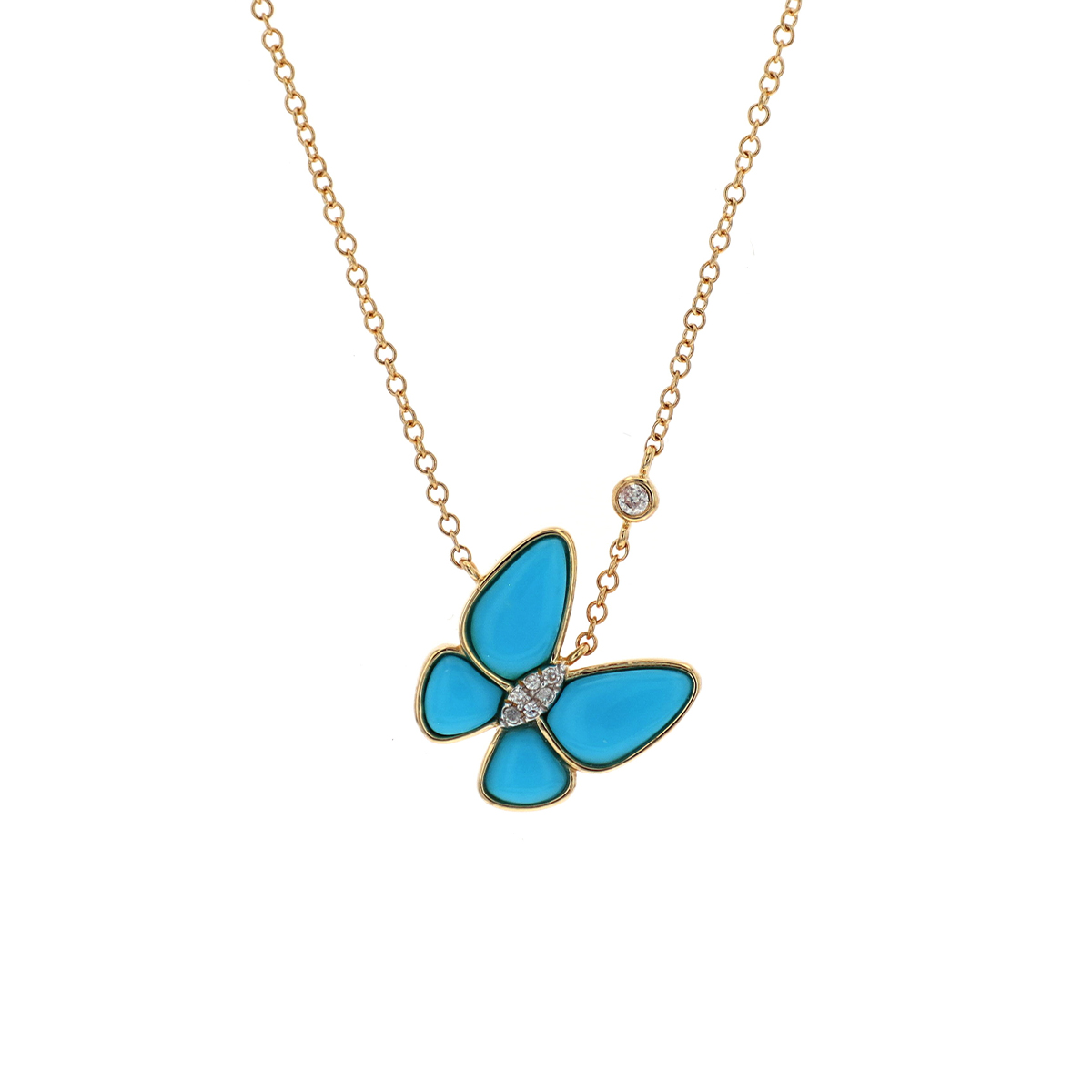 14K Yellow Gold Butterfly Turquoise and Diamond Necklace