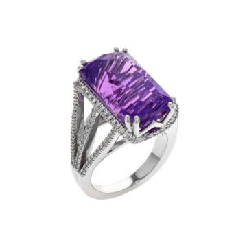 14K White Gold Concave Amethyst and Diamond Ring