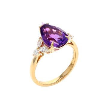 14K Yellow Gold Pear Amethyst and Diamond Ring