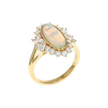 14K Yellow Gold Oval Opal and Diamond Ring