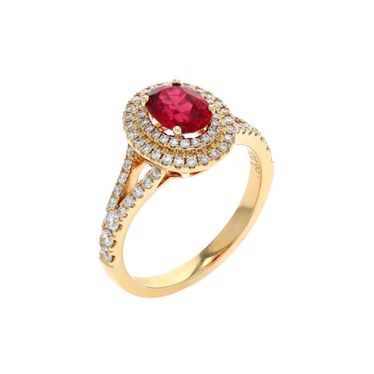 14K Yellow Gold Oval Ruby and Double Diamond Halo Ring