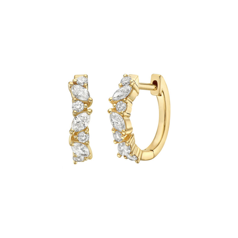 14K Yellow Gold Round and Marquise Diamond Hoop Earrings
