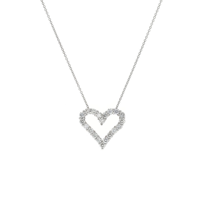 14K White Gold Open Heart Diamond Pendant with Chain