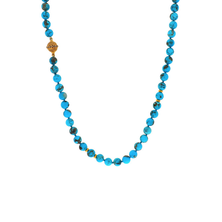 Estate 18K Yellow Gold Turquoise and Rhondel Bead Necklace