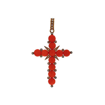 Estate 18K Yellow Gold Victorian French Coral and Seed Pearl Cross Pendant