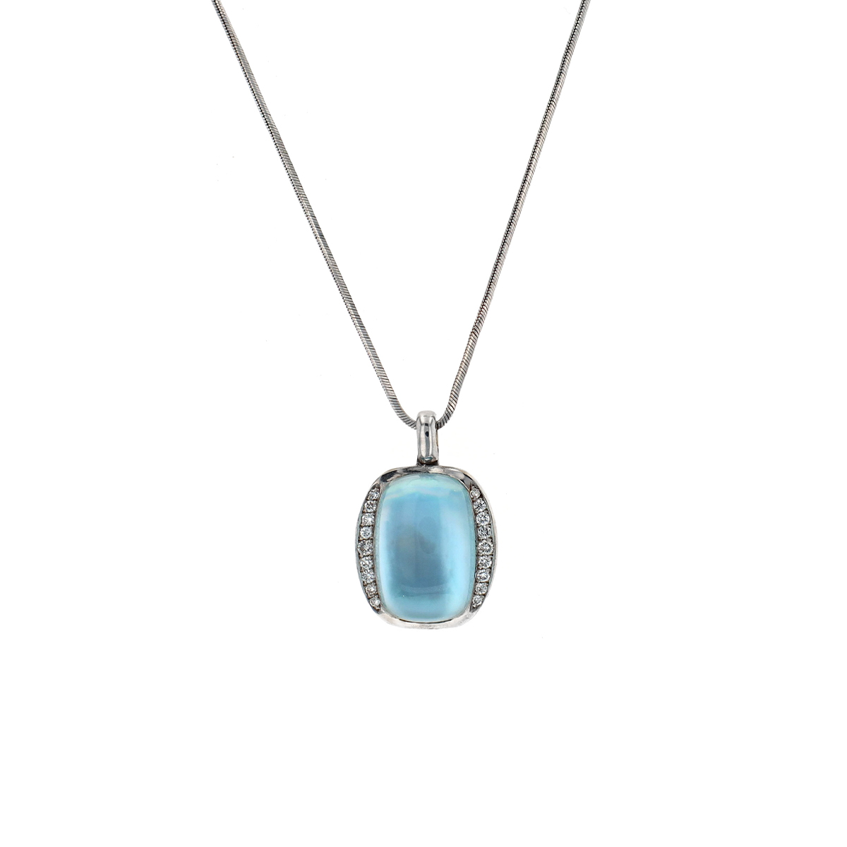 Estate 18K White Gold Blue Topaz, Mother of Pearl, and Diamond Pendant with Chain