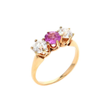 Estate 14K Yellow Gold Round Pink Sapphire and Diamond Ring