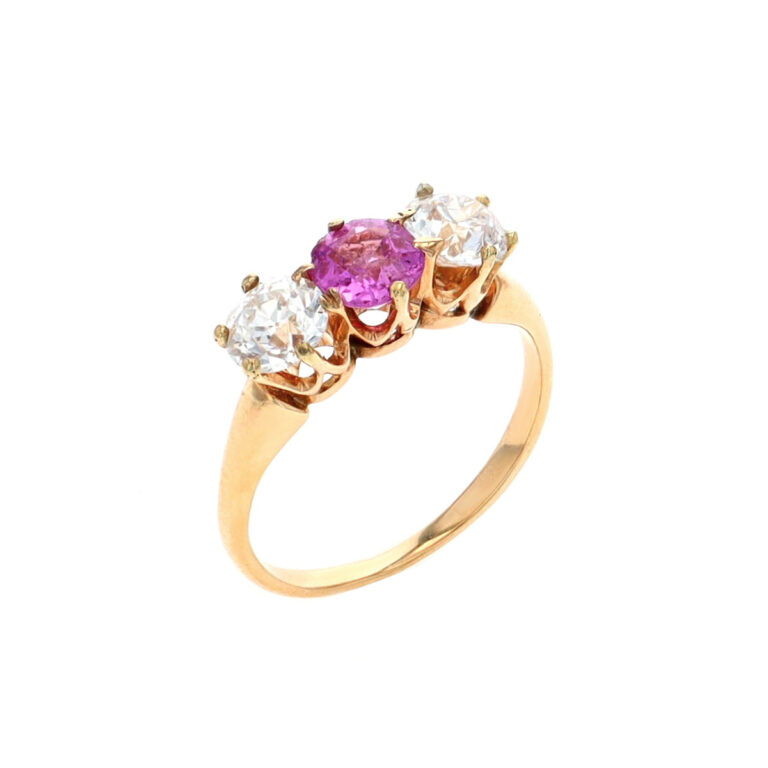 Estate 14K Yellow Gold Round Pink Sapphire and Diamond Ring