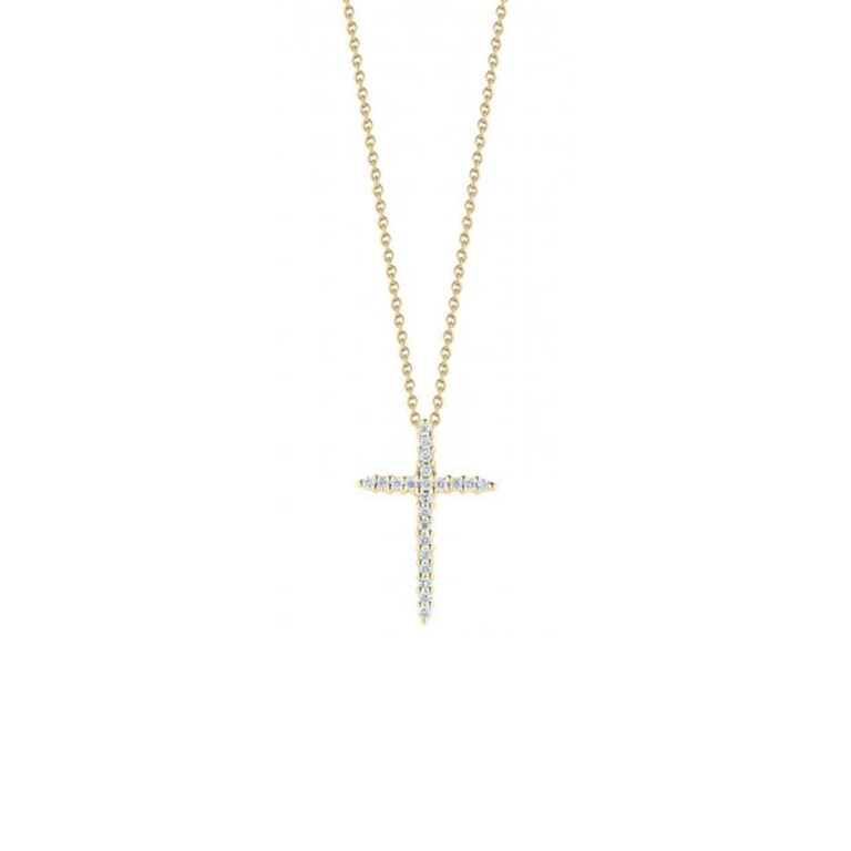 18K Yellow Gold 0.10 Carat Diamond Cross Pendant with Chain