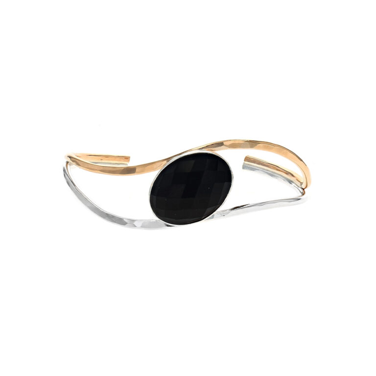 Sterling Silver Two-Tone Oval Black Stone Cuff Bracelet
