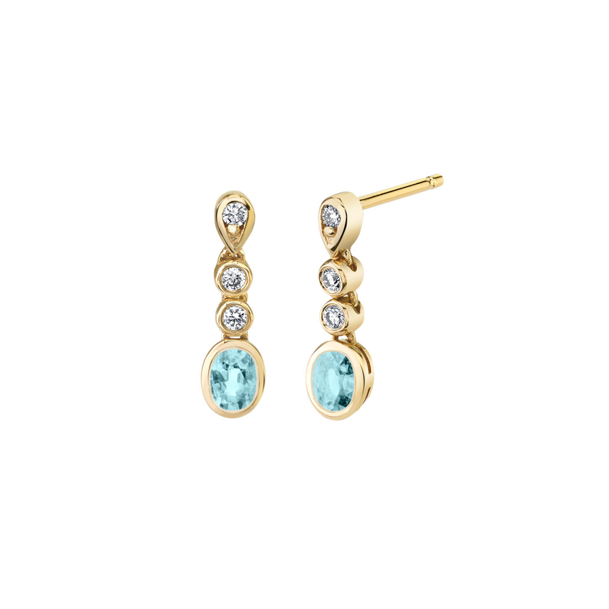 14K Yellow Gold Oval Aquamarine and Diamond Earrings
