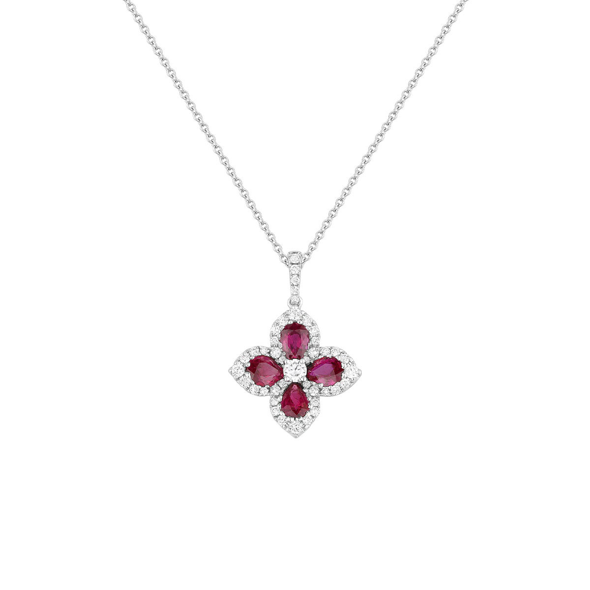 18K White Gold Ruby and Diamond Flower Pendant with Chain