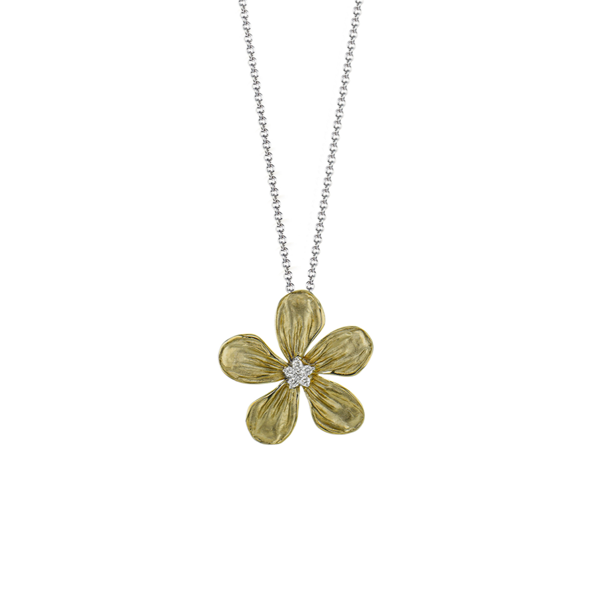 18K Two-Tone Diamond Flower Pendant with Chain