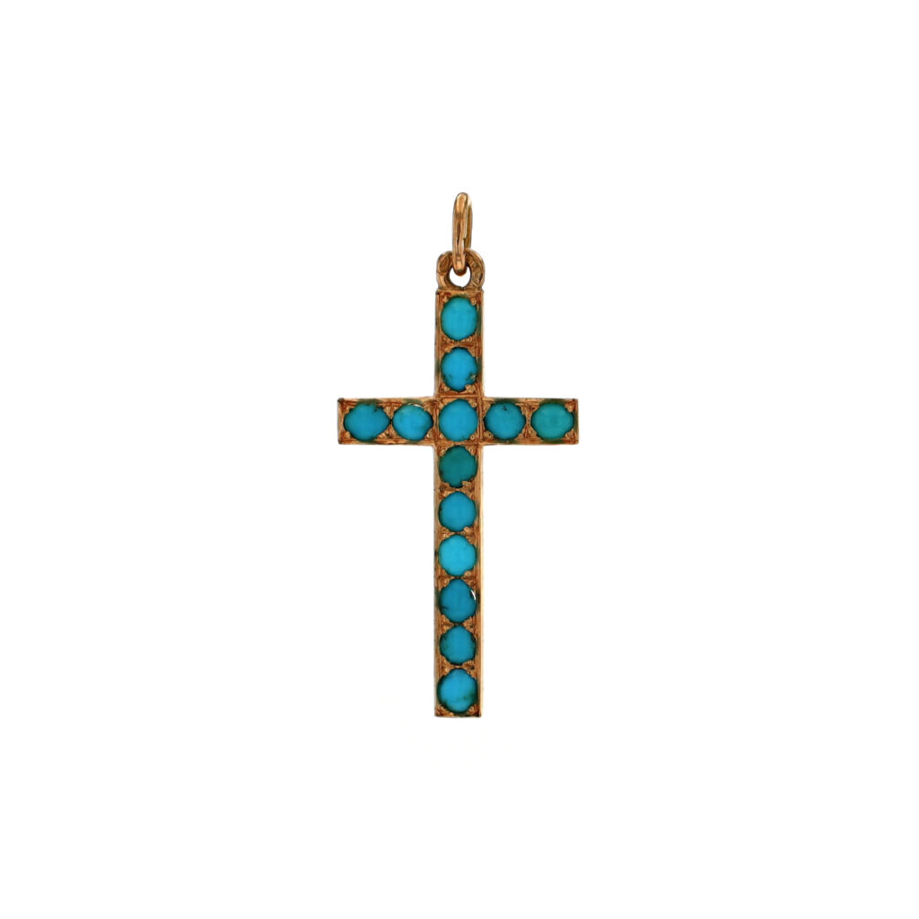 Estate 14K Yellow Gold Turquoise Cross Pendant