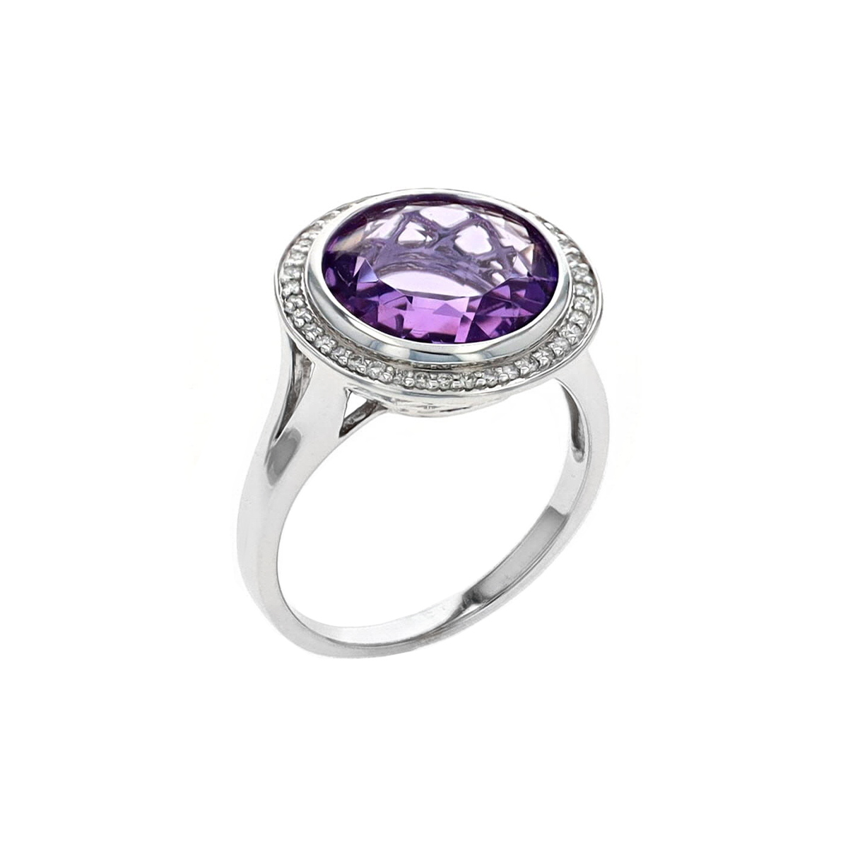 Estate 18K White Gold Round Amethyst and Diamond Halo Ring