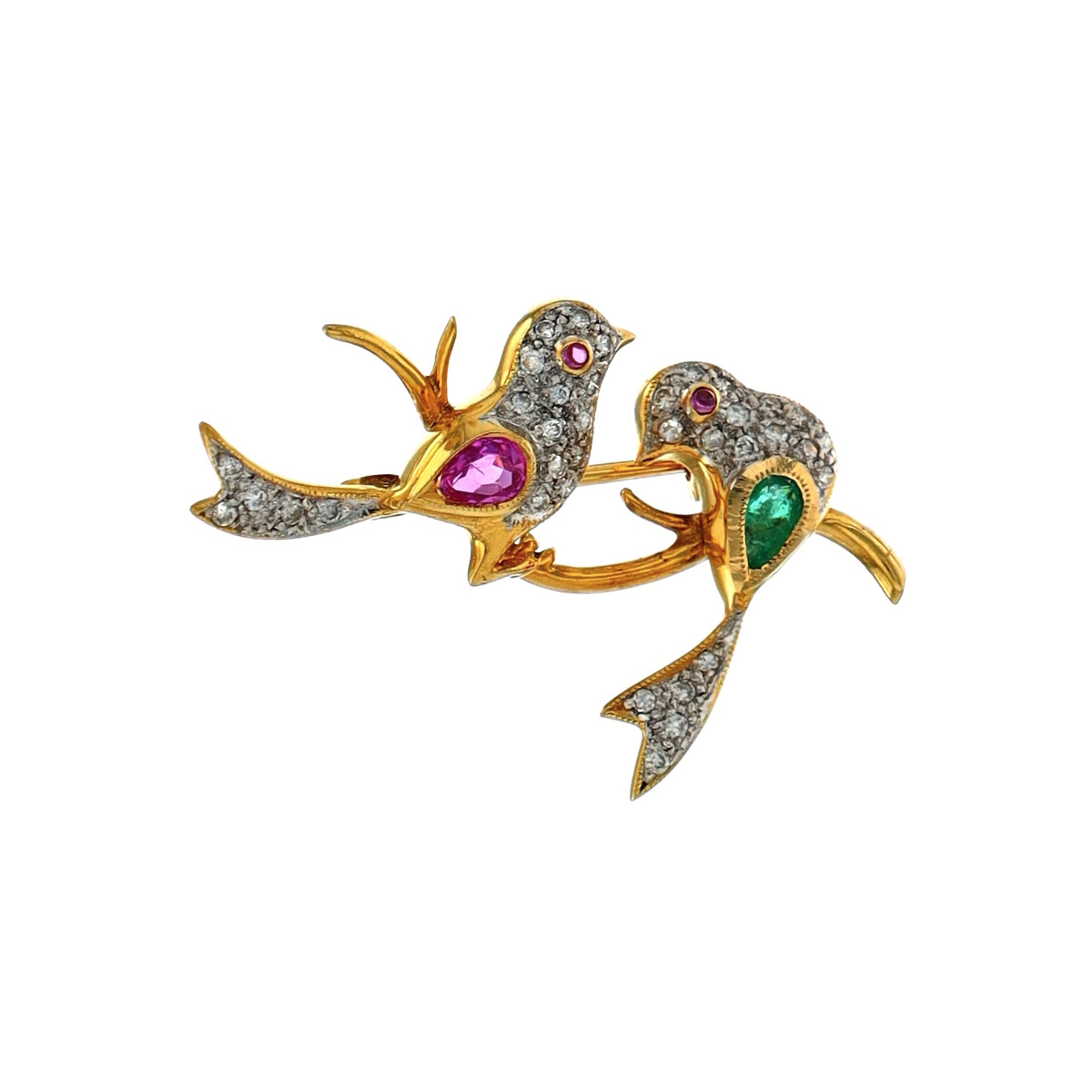 Estate 18K Two-Tone Diamond Birds Brooche