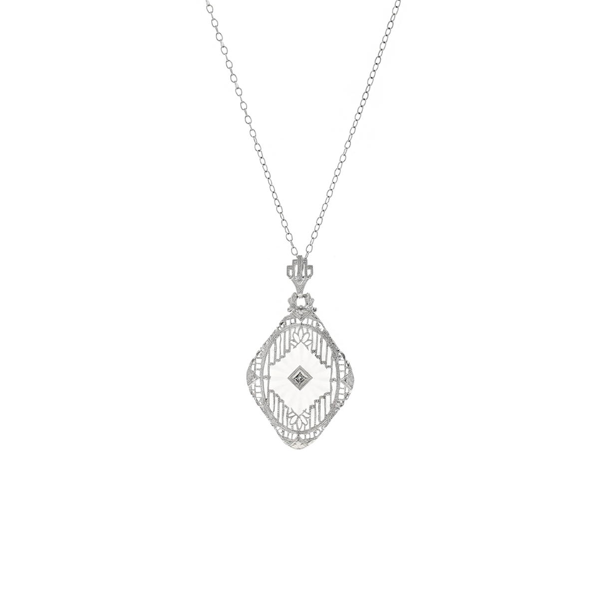 Estate 14K White Gold Frosted Rock Crystal and Diamond Pendant