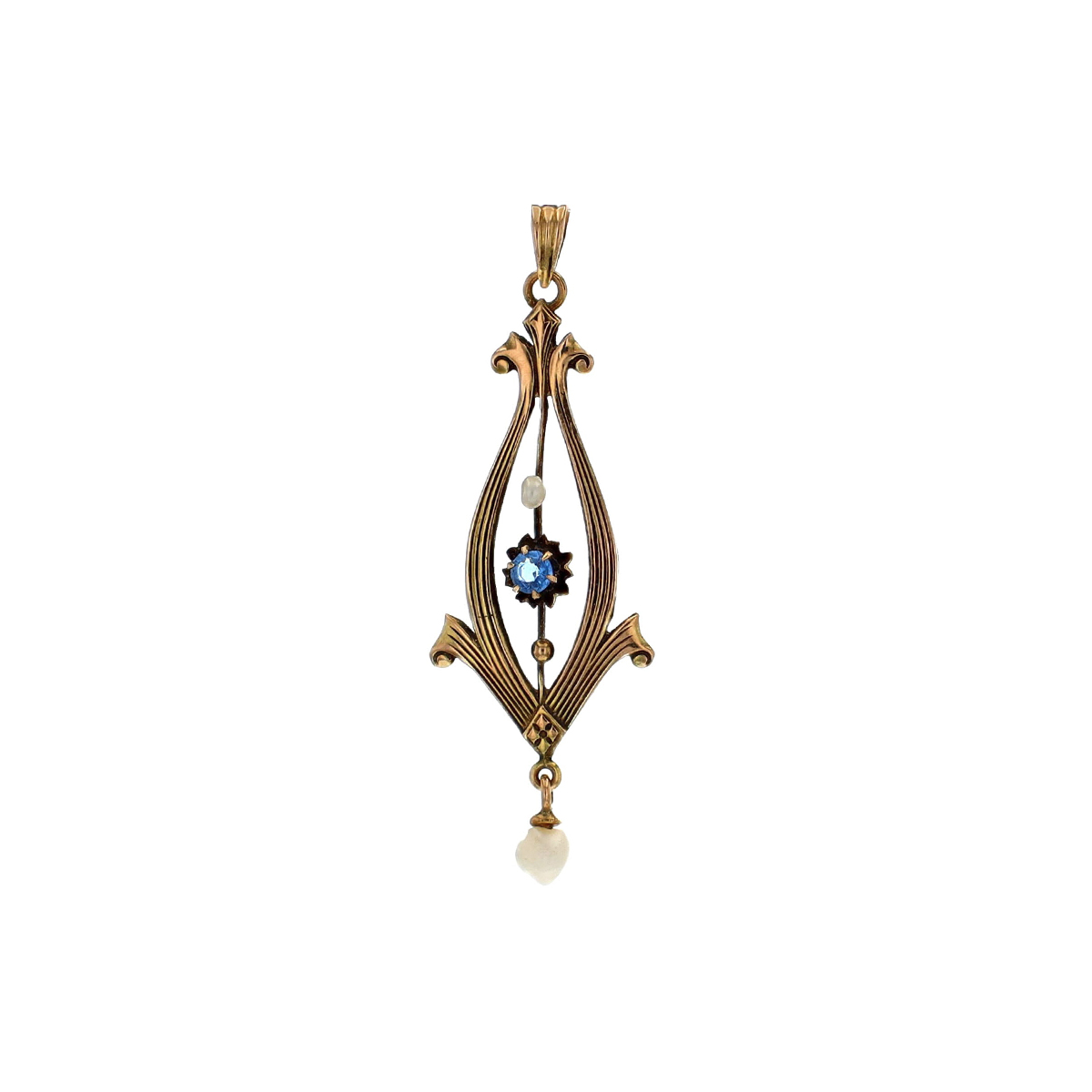 Estate 10K Yellow Gold Pearl and Blue Stone Drop Pendant