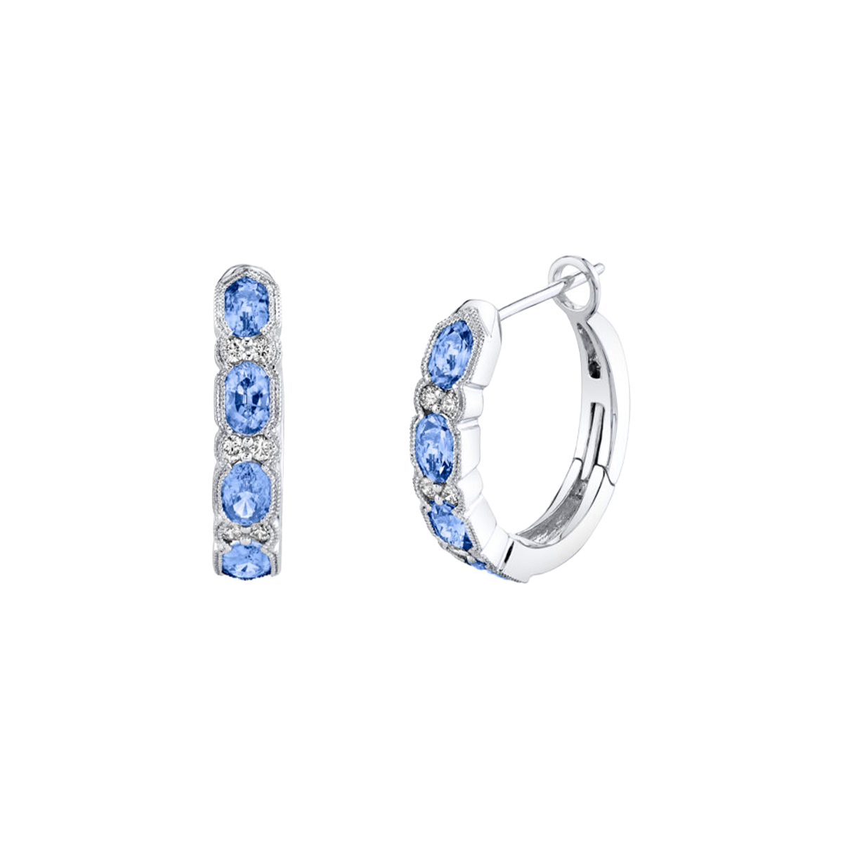14K White Gold Pastel Blue Sapphire and Diamond Hoop Earrings