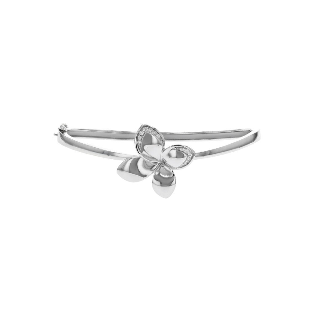 14K White Gold Diamond Flower Bangle Bracelet