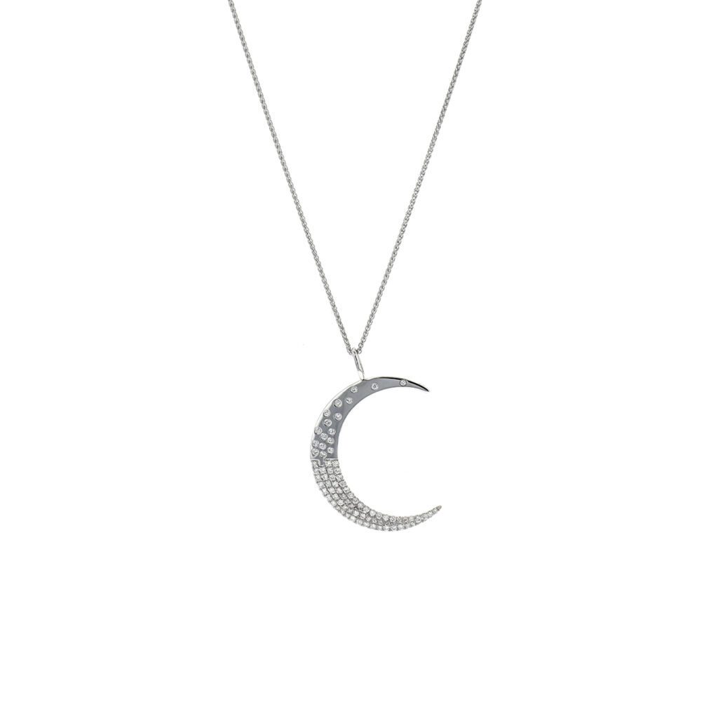 18K White Gold Diamond Crescent Moon Pendant with Chain - Josephs Jewelers