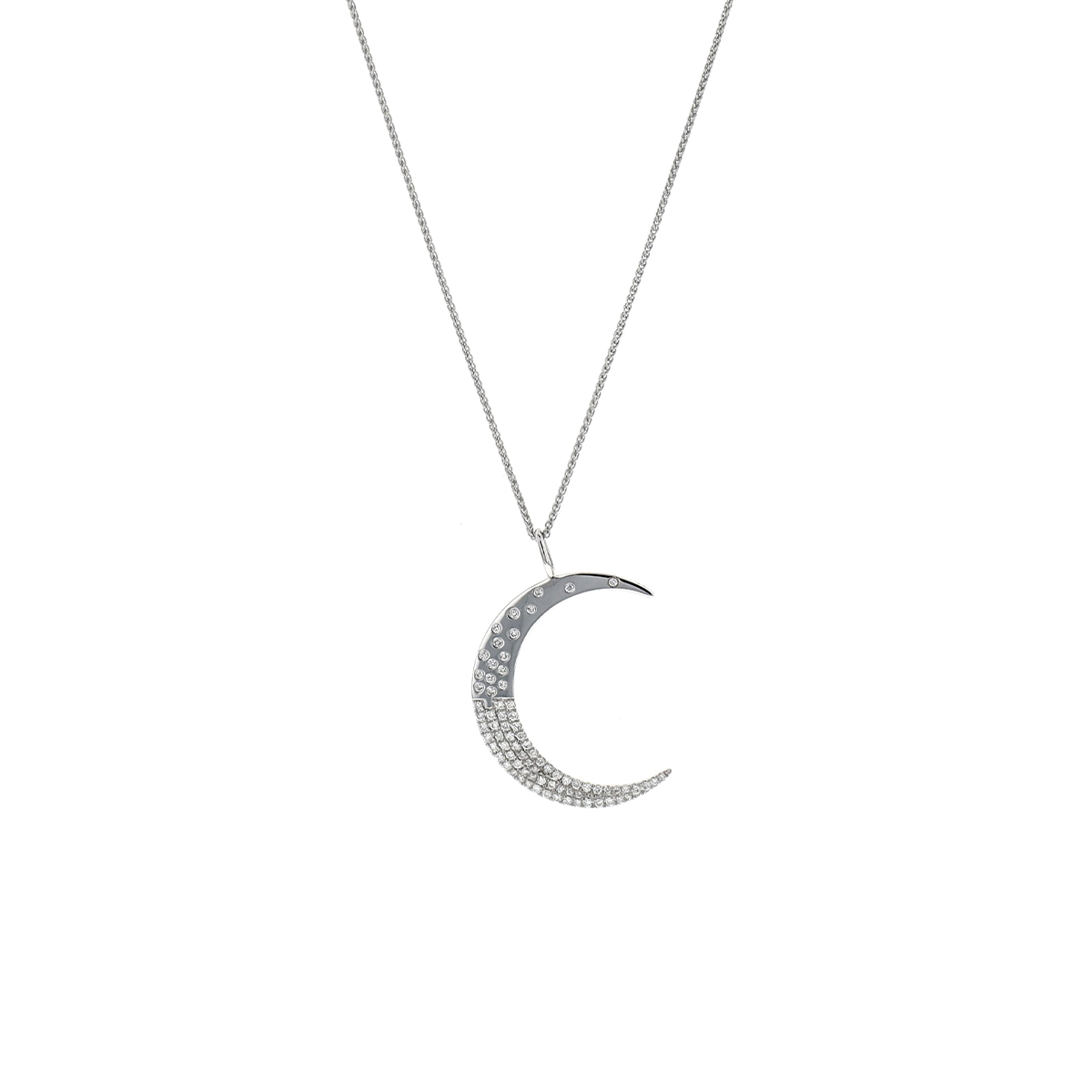 18K White Gold Diamond Crescent Moon Pendant with Chain