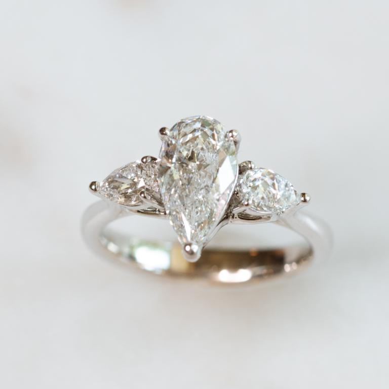 18K White Gold Three-Diamond Pear Engagement Ring