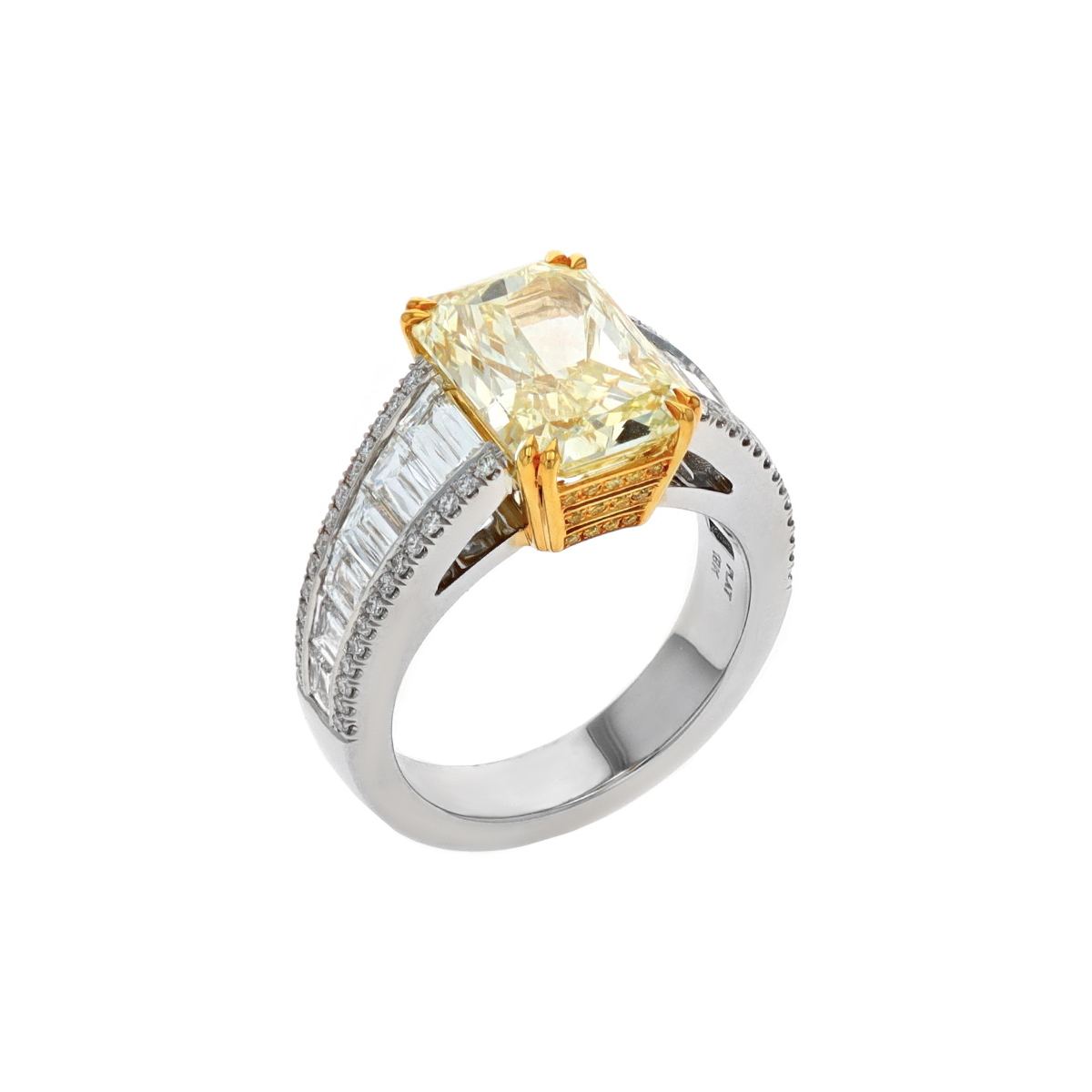 Two-Tone 4.58 Carat Rectangular Yellow Diamond Ring