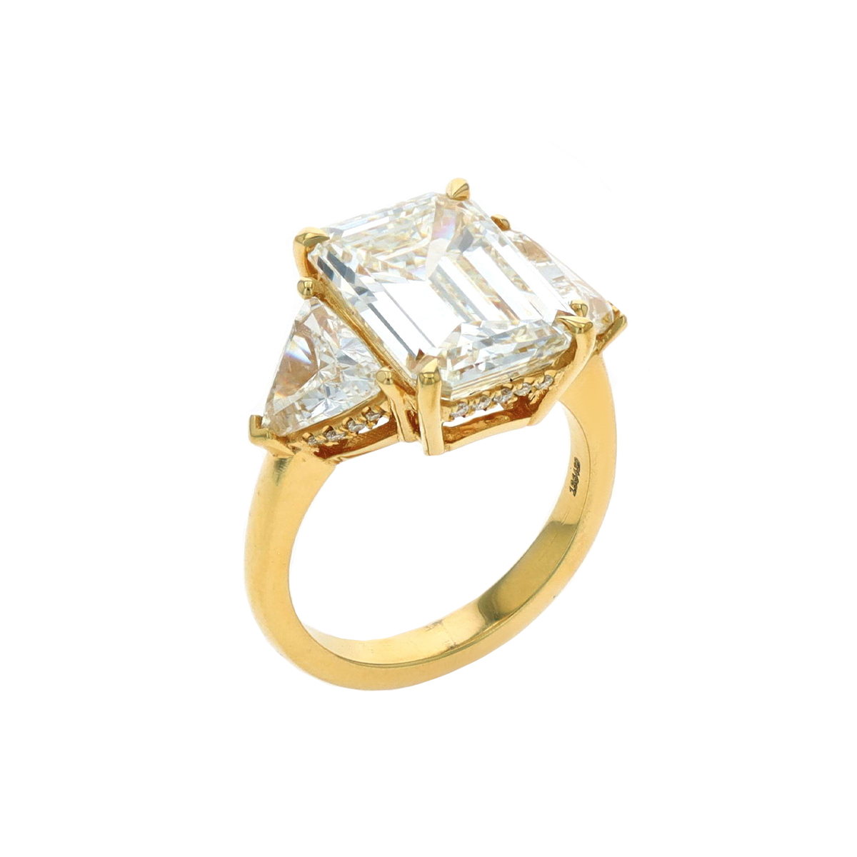 18K Yellow Gold 5.23 Carat Emerald-Cut Diamond Three-Stone Ring