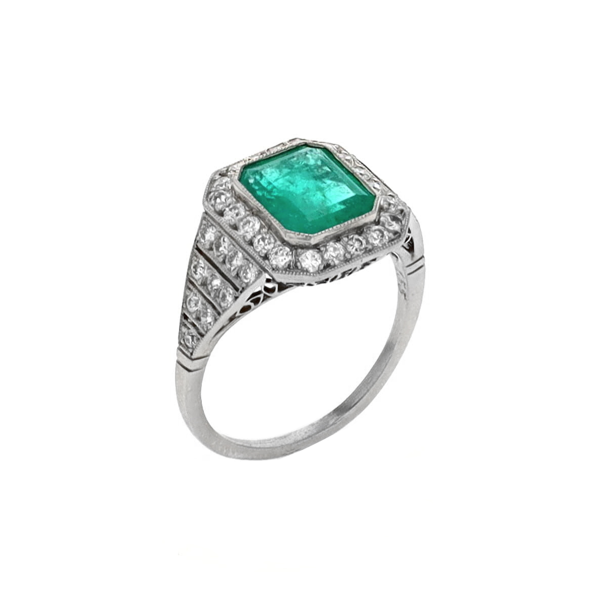 Estate Platinum Emerald-Cut Emerald and Diamond Ring