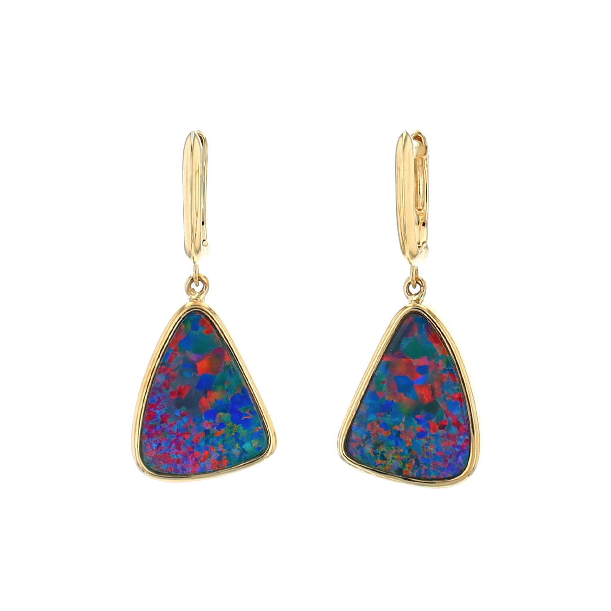 14K Yellow Gold Australian Opal Doublet Dangle Earrings