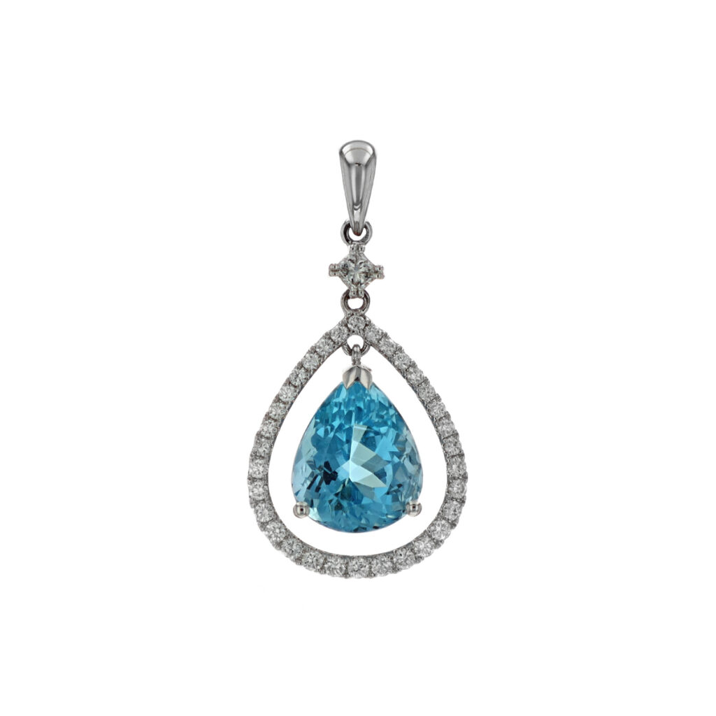 14K White Gold Pear Aquamarine and Diamond Pendant